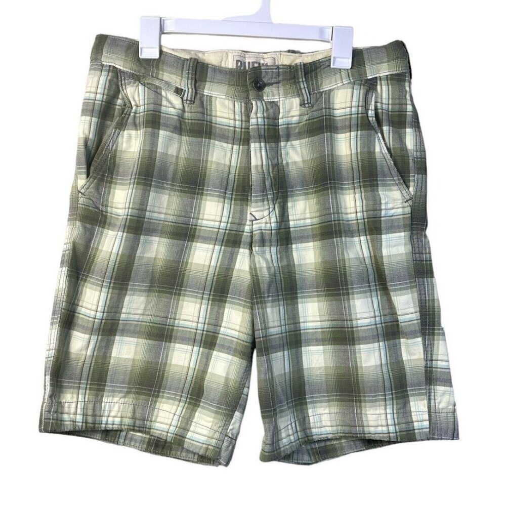 RUEHL No.925 Men's 32 Plaid Green Chino Shorts Heavy Twill Button Fly Drawstring